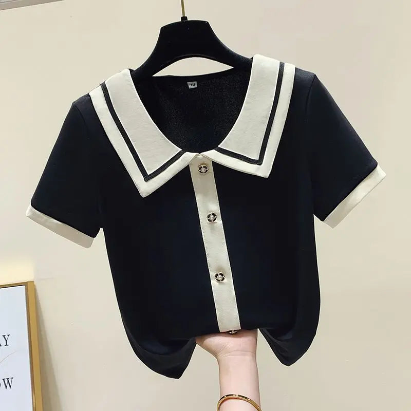 Summer Elegant Loose Polo-neck Knit Pullover Women Fashion Patchwork Button Short Sleeve T-shirt Office Lady Chic Tops 40-100Kg
