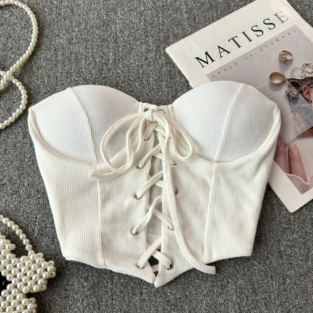 Backless Women Tank Tops New Arrival Slash Neck Build in Bra Bare Midriff Lace Up Skinny Camis Summer Vintage Gallus Dropship