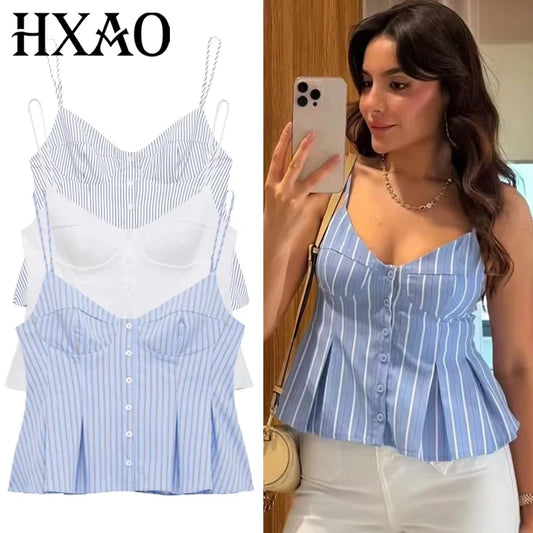 HXAO Striped Slip Top Women Summer 2025 Sexy Crop Corset Tanks & Camis Sleeveless Backless Top For Woman Fashion Casual Camisole