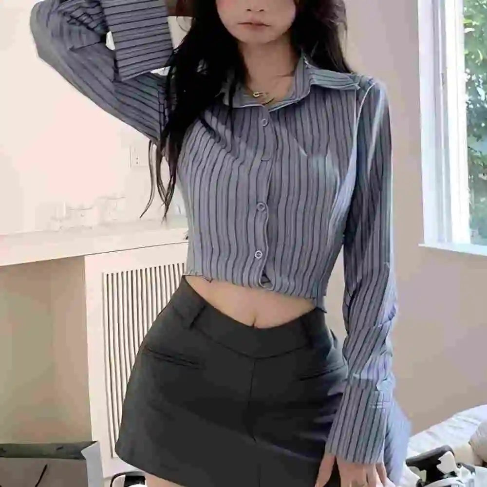 Korean Blue Striped Long Sleeve Shirt Jacket Women's Spring Design Waist Cinching Slimming Top Women Clothing