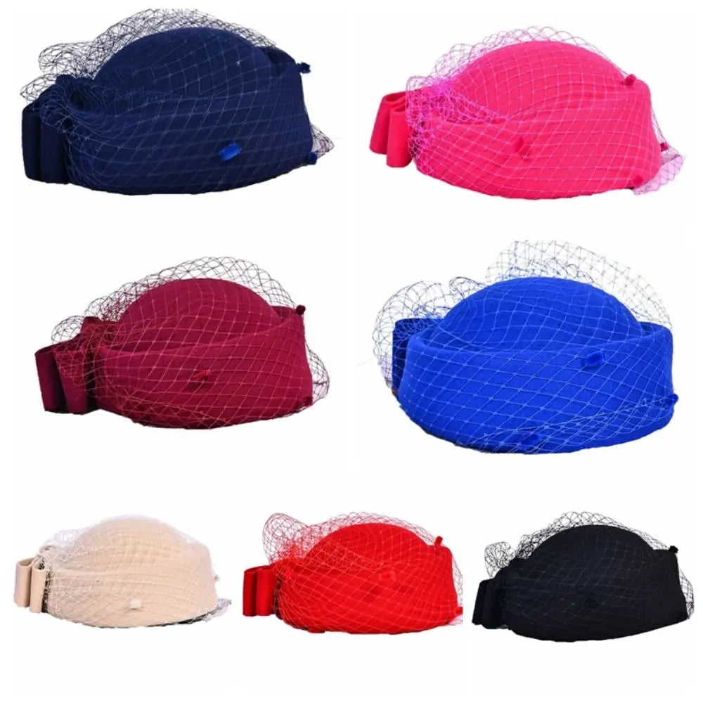 Fashion Mesh Wool Bow Hat with Veil British Style Cashmere Pillbox Hat Photography Decoration Warm Stewardess Cap Autumn Winter