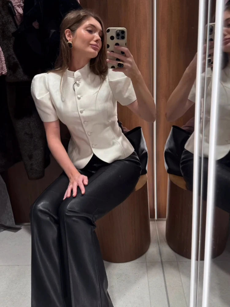 Chic White Lantern Sleeve Shirt Women Solid Stand Collar Stand Collar Slim Shirts Lady Casual Tops Commute Outwear 2026 New