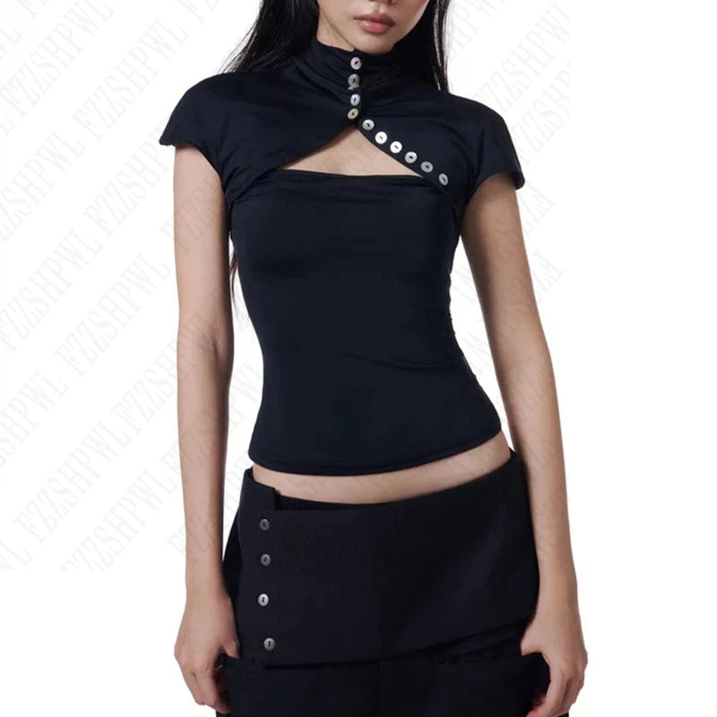 Fashionable American Retro Y2K Millennium Design Trendy Button-Down Short-Sleeved T-Shirt Top for Summer New Style Women's Shirt