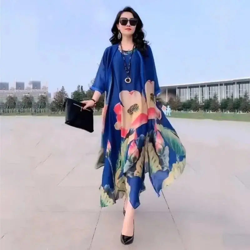 High Atmospheric Elegant Silk Dress Two-piece set 2024 Summer New Westernized Mulberry Silk Large Size Temperament Long Set Skir