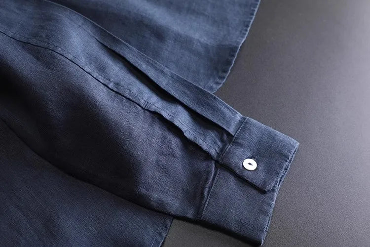 Navy Blue Full Linen Shirt Women's Long-Sleeved Spring and Summer Rain Dew Linen Shirt Loose Large Size Cotton and Linen Top Sun