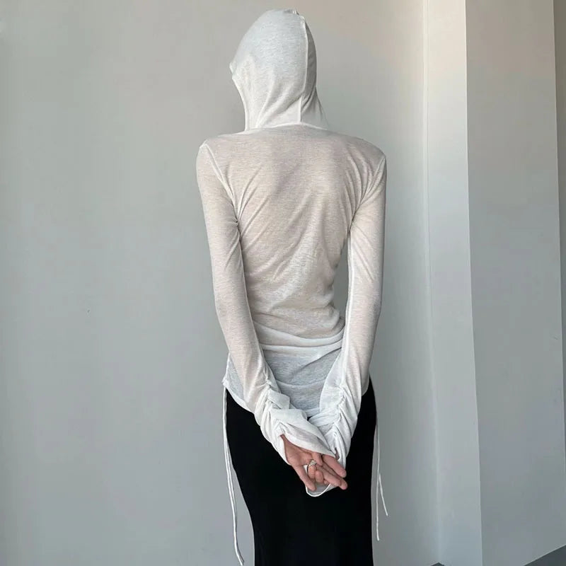 Summer Thin Women's Long Sleeve Top Streetwear Y2k Sexy See Through Hooded T-shirts Drawstring Slim Sun Protection White Tees