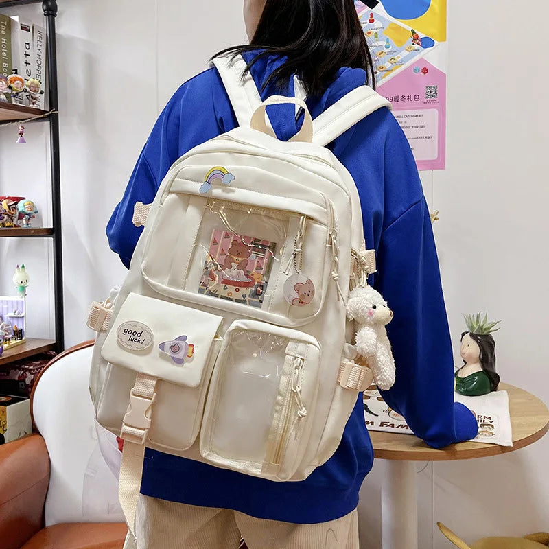 Buckle Badge School Backpack Candy Color Fashion Cute Schoolbag Korean Style Shoulder Student Bag Teenage Girls College Backpack