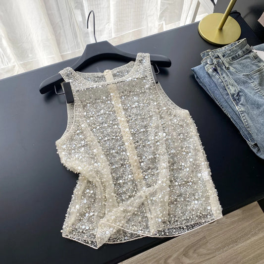 Hotsweet Vintage casual glitter sleeveless O-Neck Slim Top French Streetwear Fashion Summer Sexy basics blouse