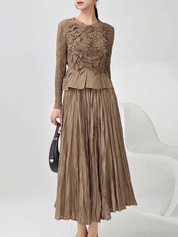 GVUW Pleated 2 Pieces Set Niche Design Women Full Sleeve Tops + A Line Skirt Loose Solid Color New 2025 Lady Sets 17G8434