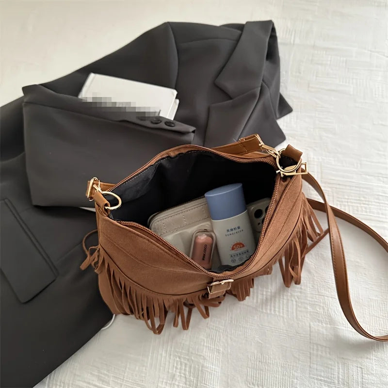 Women'S Vintage Tassel Suede Crossbody Bag, Adjustable Strap, Zipper Closure, Detachable Strap, Synthetic Shoulder Bag, Purses