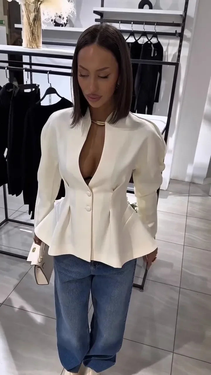 Elegant Waist Cinching Short Pleated Jackets Women Chic Stand Collar Double Buttons A-line Coat 2026 Spring Lady Commute Jacket