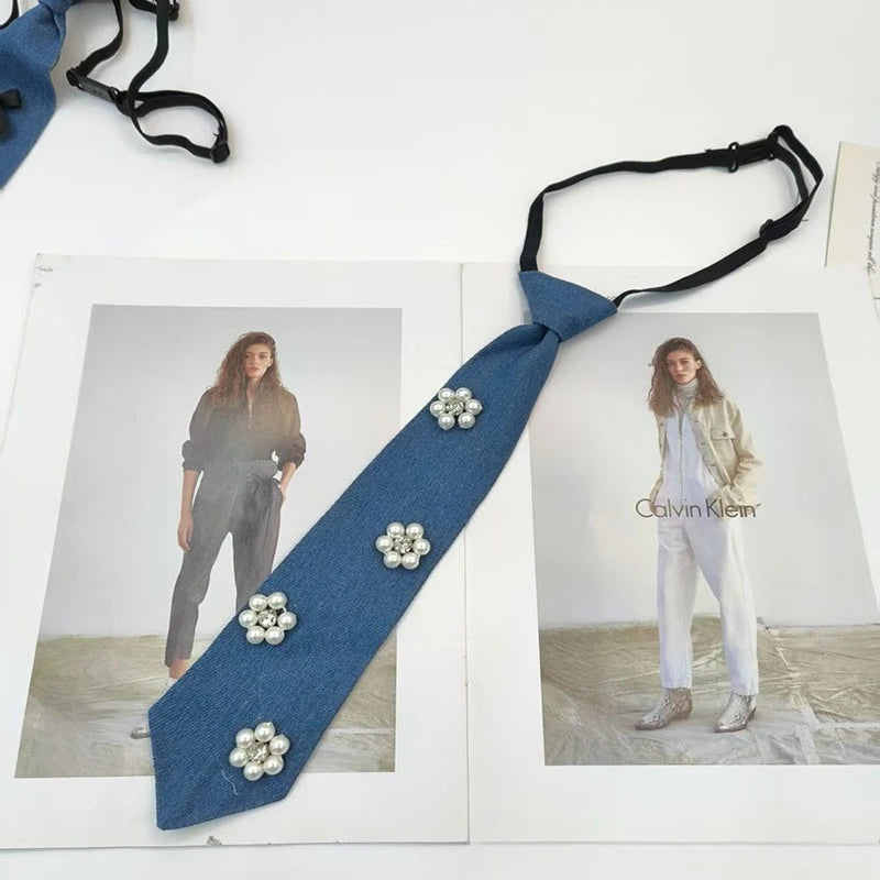 Cowboy Style Blue Necktie JK Shirt Tassel Chain Bow Tie for Men Women Fashion Wedding Cravat Jewelry Accessory