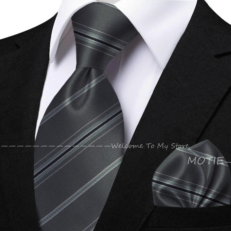 New Classic Striped Jacquard Tie Set Include Purple Polyester Pocket Square As Daily Wear Party Wedding Stylish Accessories Gift