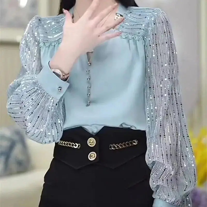 Limiguyue French Luxury Bead Blouse Autumn Design O-neck Chain Shirt for Women Long Sleeve Patchwork Pullover Tops High-end 524P