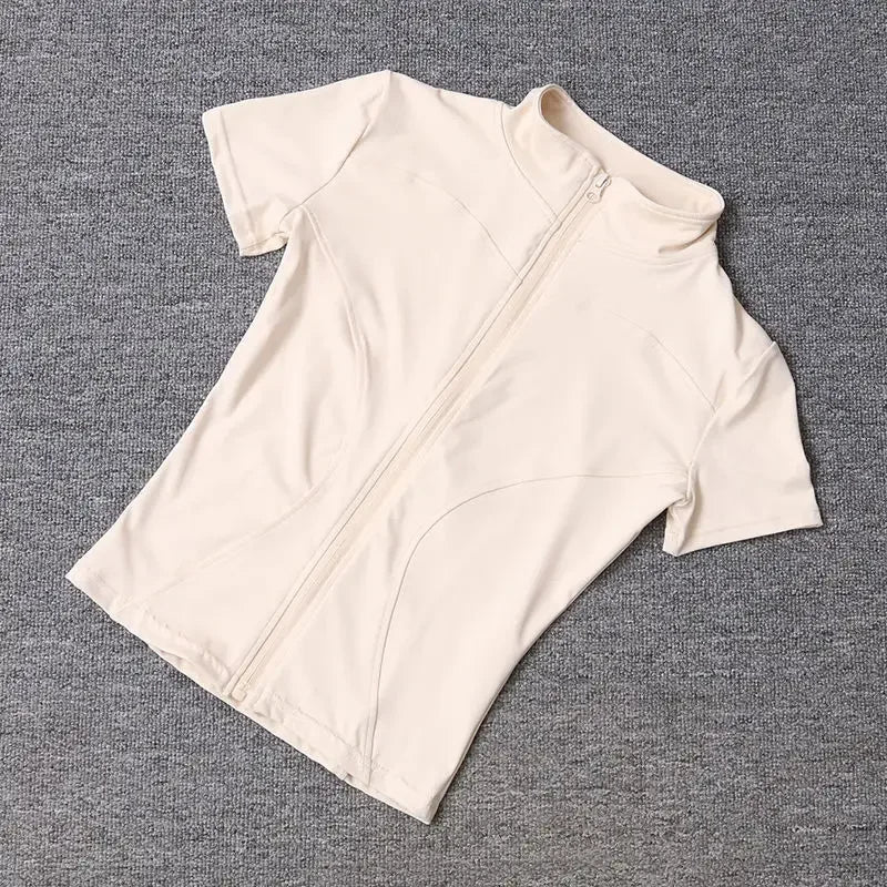 Women Zipper Yoga T-shirt Summer High Quality Waist Slimming Training Tops Workout Running Half Collar Short Sleeves Yoga Shirts