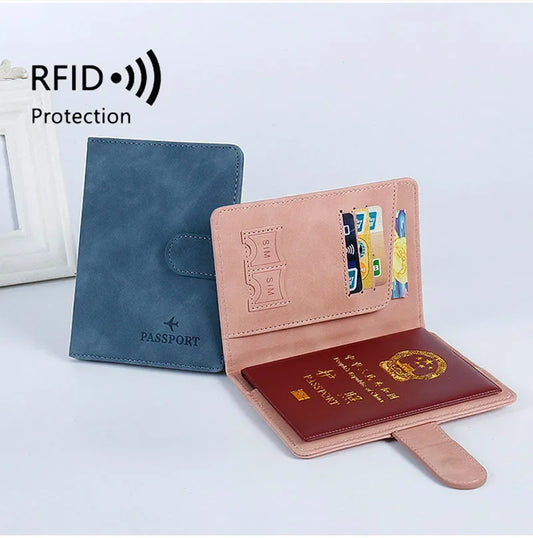 RFID Blocking Waterproof Leather Passport Holder Travel Credit Card Wallet Passport Book for Women Men Buckle Passport Cover
