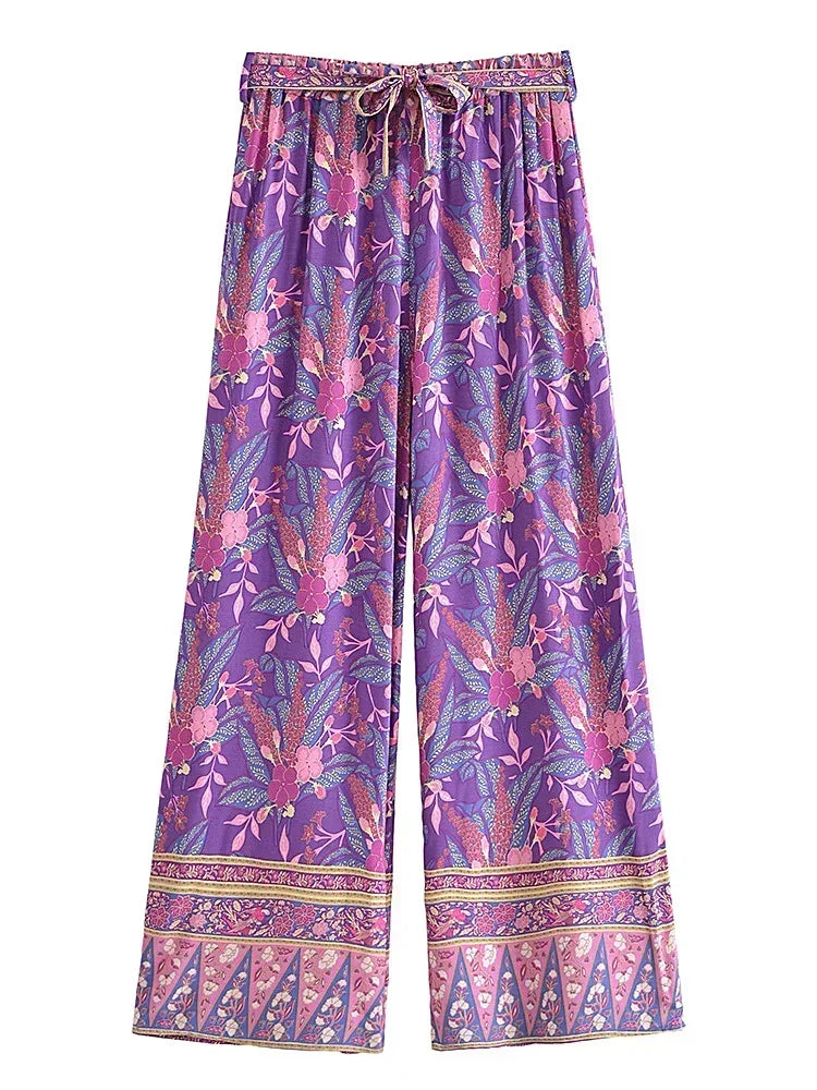 Boho Queens Women Purple Floral Print Outfits Short Kimono Robe Bohemian Suits Wide Leg Pants 2 Pieces Rayon Boho Sets Swimsuit