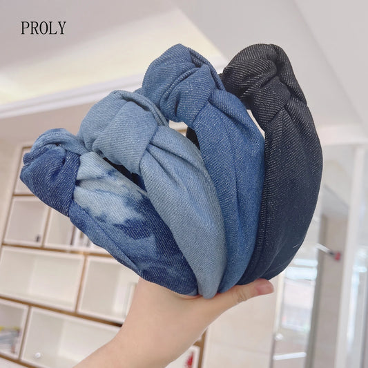 PROLY New Fashion Women Headband Wide Side Blue Denim Hairband Center Knot Turban Headwear Adult Classic Hair Accessories