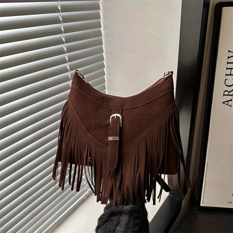 Women'S Vintage Tassel Suede Crossbody Bag, Adjustable Strap, Zipper Closure, Detachable Strap, Synthetic Shoulder Bag, Purses