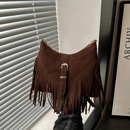 Women'S Vintage Tassel Suede Crossbody Bag, Adjustable Strap, Zipper Closure, Detachable Strap, Synthetic Shoulder Bag, Purses