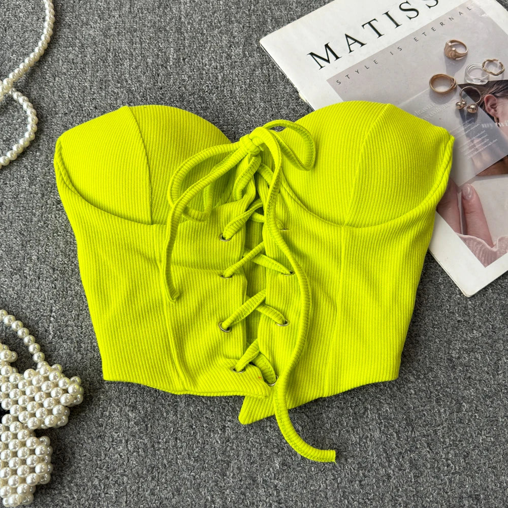 Backless Women Tank Tops New Arrival Slash Neck Build in Bra Bare Midriff Lace Up Skinny Camis Summer Vintage Gallus Dropship