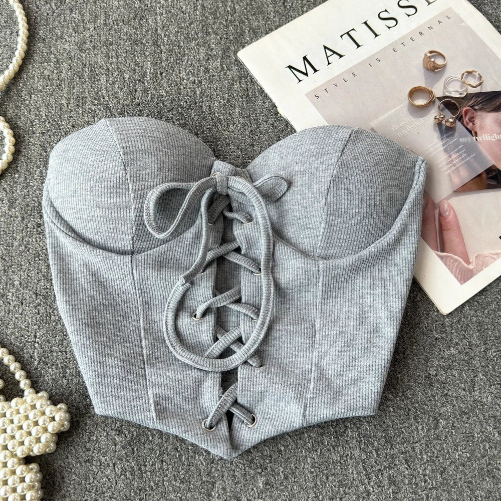 Backless Women Tank Tops New Arrival Slash Neck Build in Bra Bare Midriff Lace Up Skinny Camis Summer Vintage Gallus Dropship