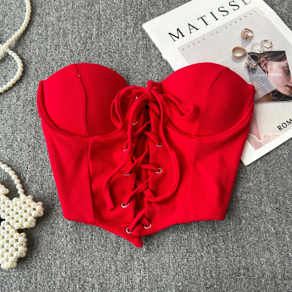 Backless Women Tank Tops New Arrival Slash Neck Build in Bra Bare Midriff Lace Up Skinny Camis Summer Vintage Gallus Dropship