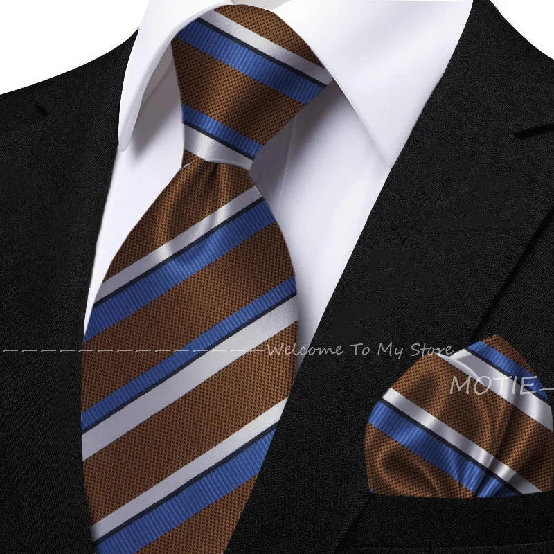 New Classic Striped Jacquard Tie Set Include Purple Polyester Pocket Square As Daily Wear Party Wedding Stylish Accessories Gift