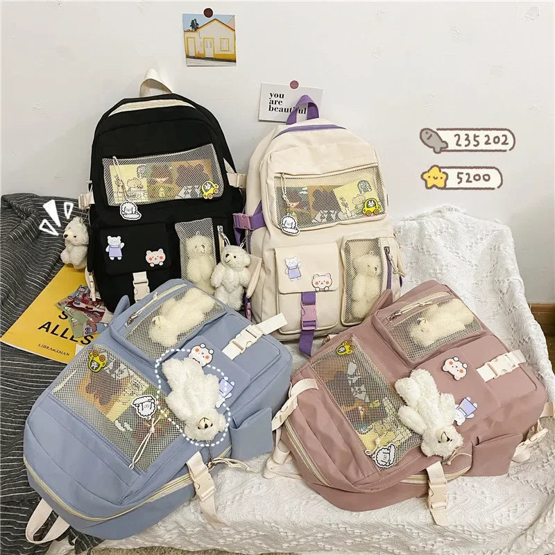 Buckle Badge School Backpack Candy Color Fashion Cute Schoolbag Korean Style Shoulder Student Bag Teenage Girls College Backpack