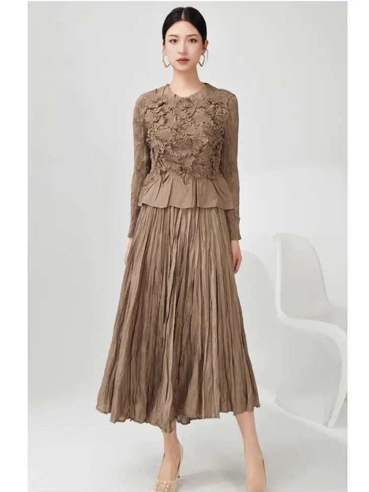 GVUW Pleated 2 Pieces Set Niche Design Women Full Sleeve Tops + A Line Skirt Loose Solid Color New 2025 Lady Sets 17G8434
