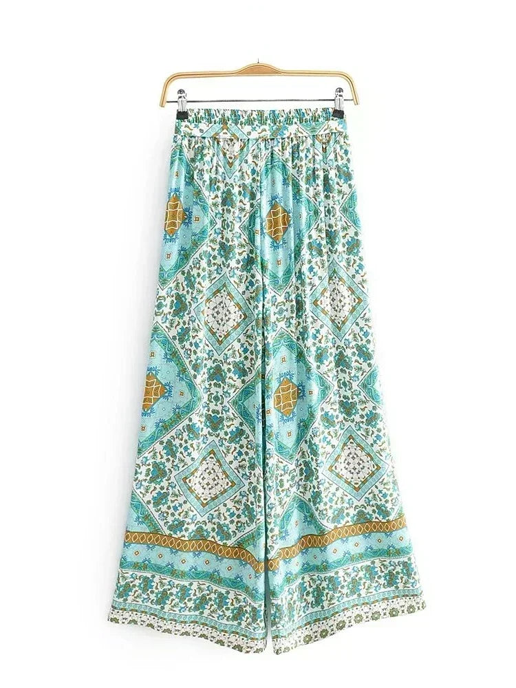 Boho Queens Women Green Floral Print Bohemian Wide Leg Pants Lady Elastic Waist Loose Rayon Boho Long Pant Oversize Trousers