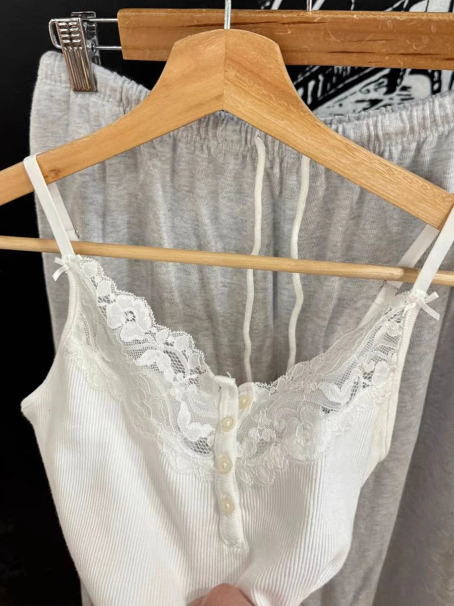 Lace Trim Buttons Ribbed Slim Tank Top Woman Summer Sleeveless Cotton White Simple Vest Vintage Sweet Basic Camisole Y2k Tops