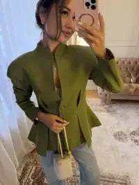 Elegant Waist Cinching Short Pleated Jackets Women Chic Stand Collar Double Buttons A-line Coat 2026 Spring Lady Commute Jacket
