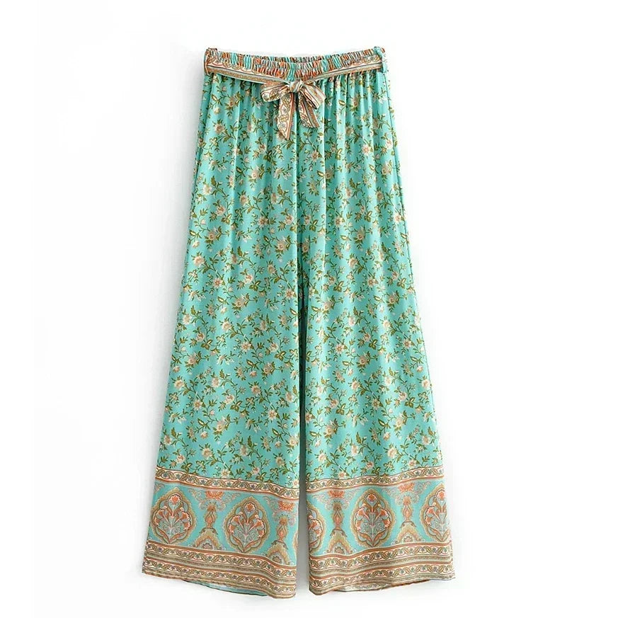 Boho Queens Women Green Floral Print Bohemian Wide Leg Pants Lady Elastic Waist Loose Rayon Boho Long Pant Oversize Trousers