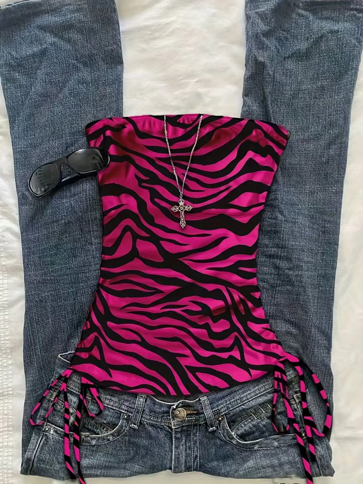 cropped top  Women's summer vacation pleated lace up leopard print vest, sleeveless zebra print top, pink zebra print top,