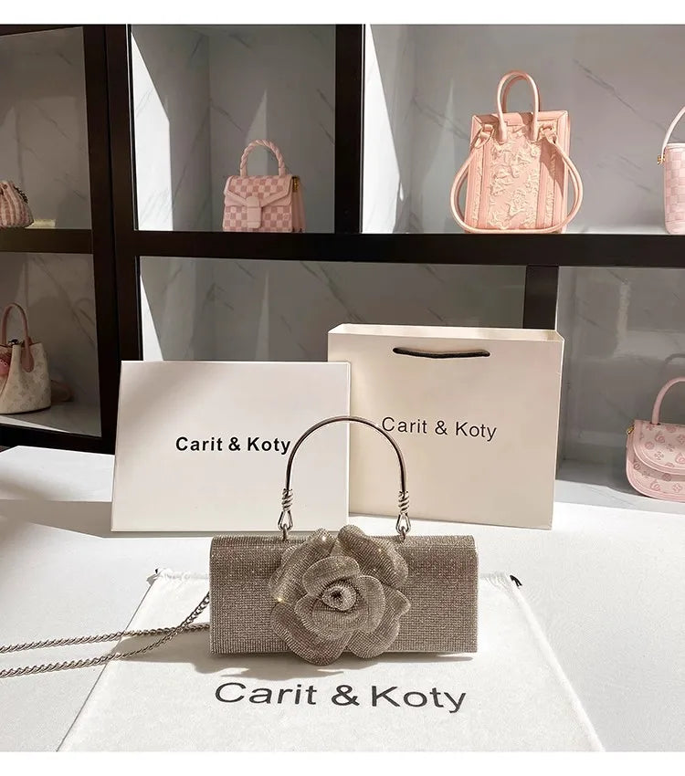 Luxury Designer Glitter Diamond Floral Women's Handbag Crystal Rhinestones Evening Bag Wedding Party Clutch Purse Crossbody Bag