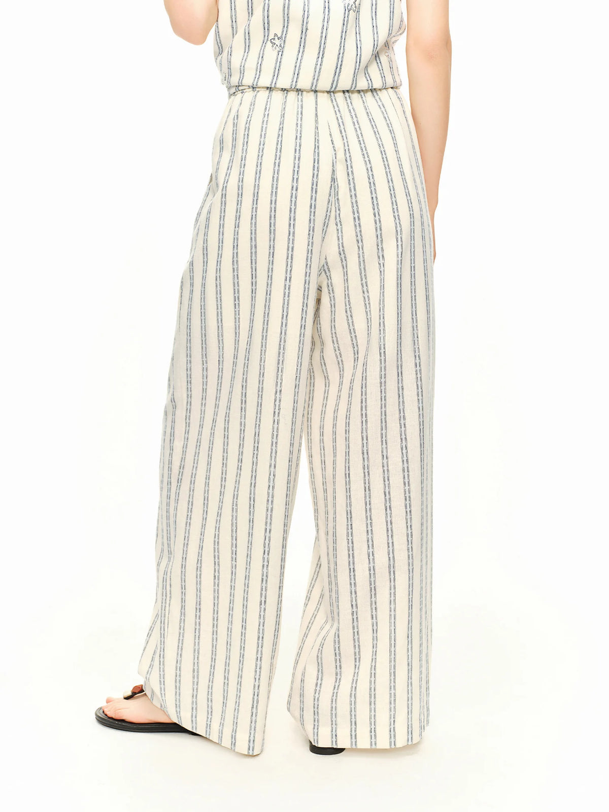 DUSHU 2026 Summer Women Striped Linen Cotton Straight Leg Elastic High Waist Breathable Casual Trousers Boho Beach Coastal Style