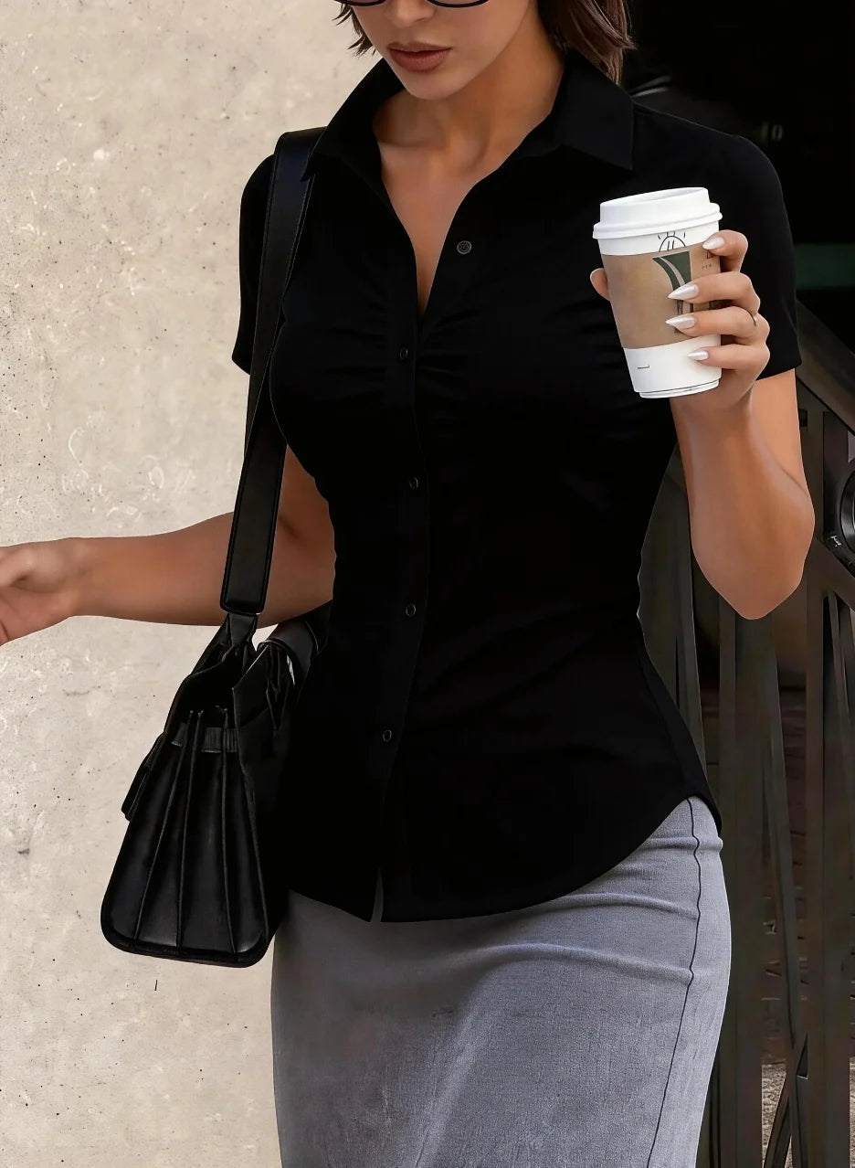 Women Ruched Short Sleeve Button Down Shirt Fitted Collared Blouse Top Casual Office Wear