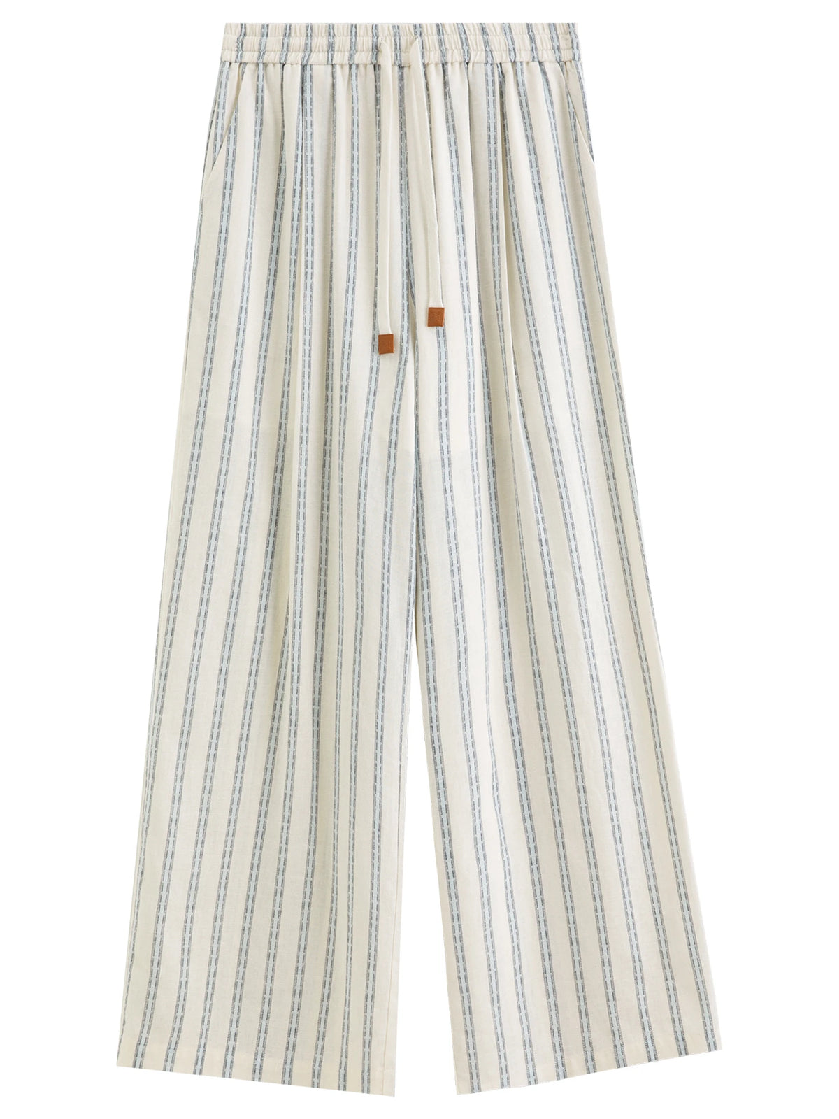 DUSHU 2026 Summer Women Striped Linen Cotton Straight Leg Elastic High Waist Breathable Casual Trousers Boho Beach Coastal Style