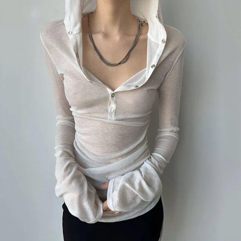 Summer Thin Women's Long Sleeve Top Streetwear Y2k Sexy See Through Hooded T-shirts Drawstring Slim Sun Protection White Tees