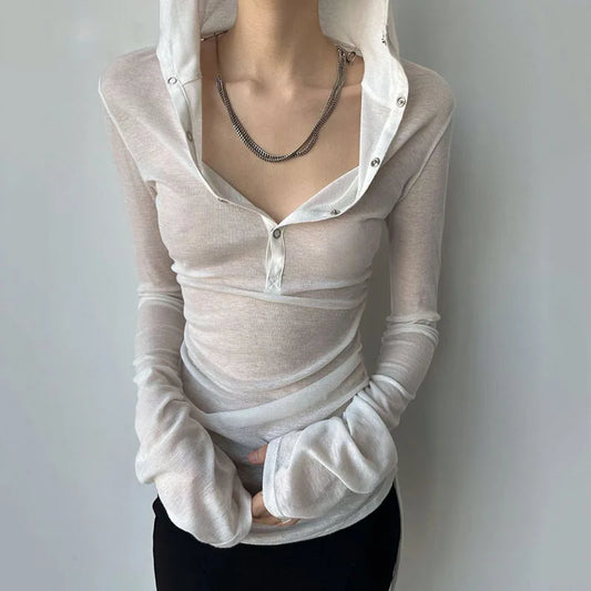 Summer Thin Women's Long Sleeve Top Streetwear Y2k Sexy See Through Hooded T-shirts Drawstring Slim Sun Protection White Tees