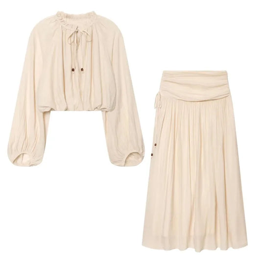 HipSeam Women's Pleated Skirts Sets New 2026 Spring Summer 2 Piece Simple Lace Long Sleeve Top + Midi Waist Skirts Female Outfit