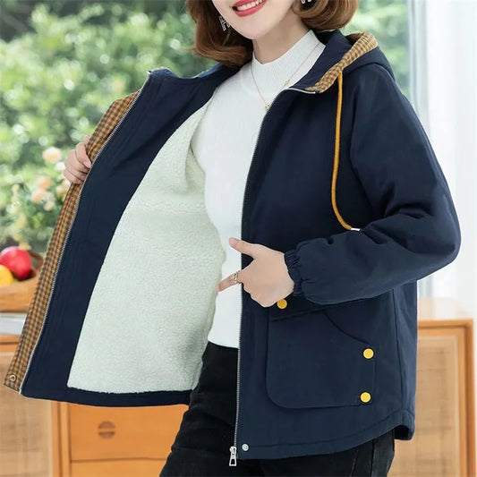 Fleece Jacket Women's Short 2026 Autumn Winter New Korean Version Loose Casual Hooded Middle-Aged Mother Warm Jacket Trend W0156