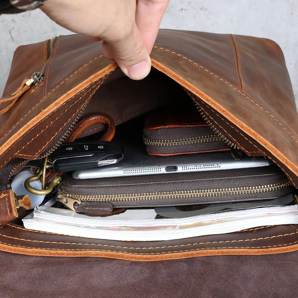S.WORKER Vintage Genuine Leather Backpack Unisex Casual Preppy SchoolBag Crazy Horse Cowhide Leather Bag Shoulder Bag