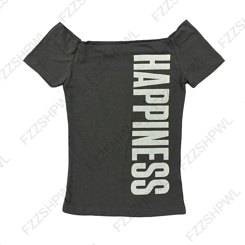 Gothic Punk Aesthetic Women's Y2K Crop Top Sexy Slim Chic Boat Neck Short Sleeve Print T-shirt Rock Hip Hop Emo Girls Streetwear