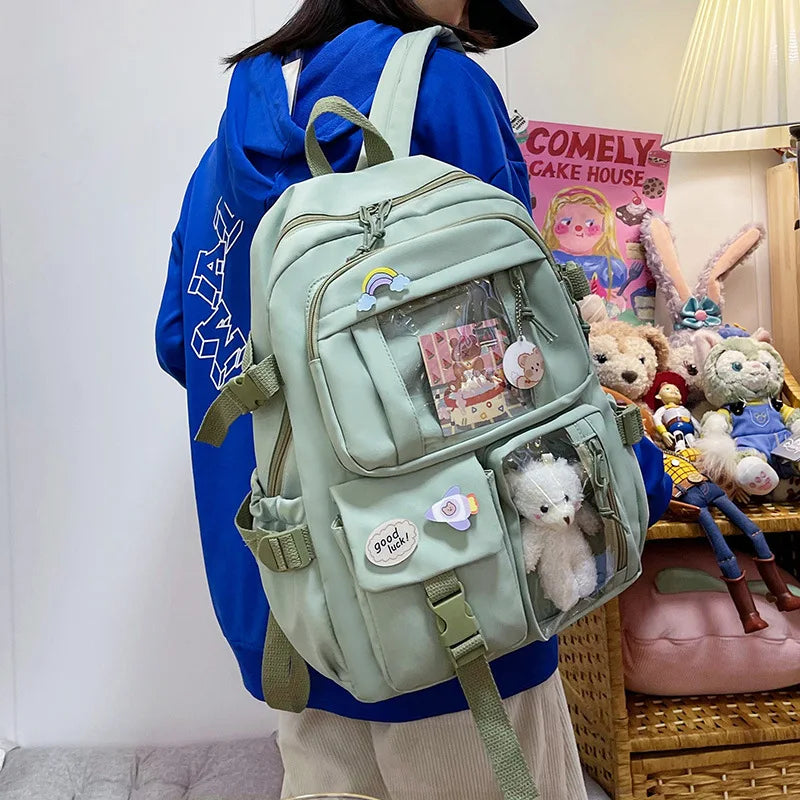 Buckle Badge School Backpack Candy Color Fashion Cute Schoolbag Korean Style Shoulder Student Bag Teenage Girls College Backpack