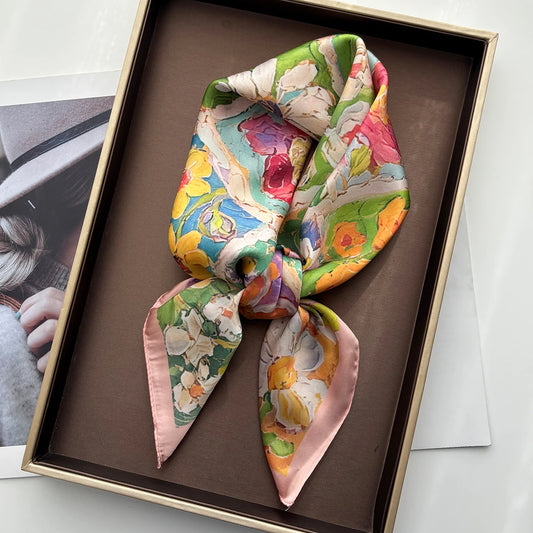 Floral Print Women Scarf Silk Square Neckerchief Spring Autumn Shawl Foulard Headbanda Stole Scarves Bufanda Ties
