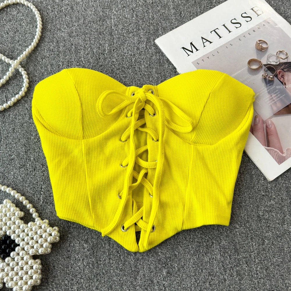 Backless Women Tank Tops New Arrival Slash Neck Build in Bra Bare Midriff Lace Up Skinny Camis Summer Vintage Gallus Dropship
