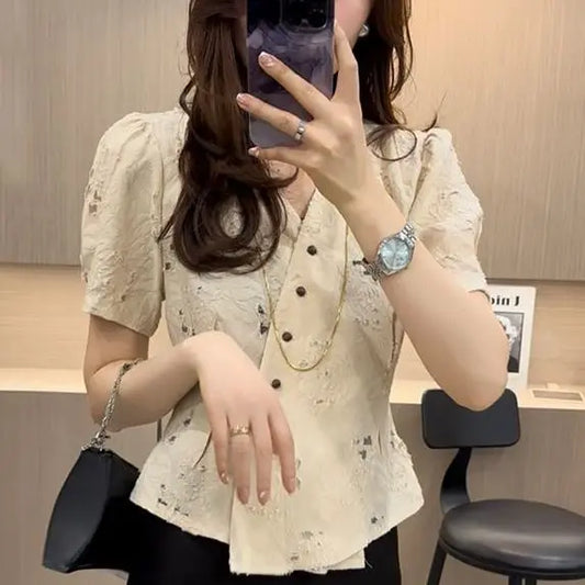 French V-neck Hollow Jacquard Shirt for Women New Puff Sleeves Single-breasted Temperament Waist-closed Short-sleeved Top