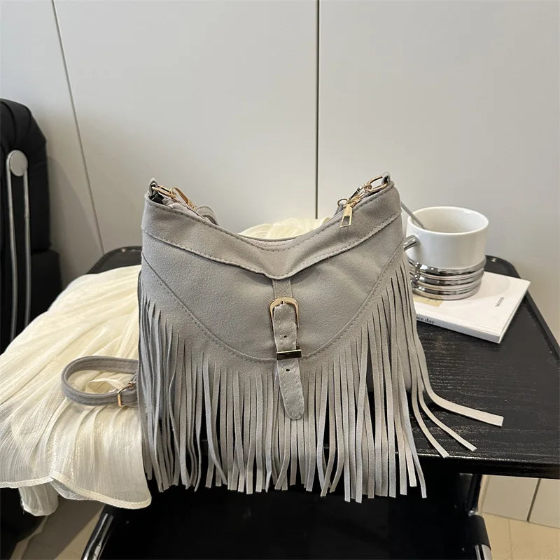 Women'S Vintage Tassel Suede Crossbody Bag, Adjustable Strap, Zipper Closure, Detachable Strap, Synthetic Shoulder Bag, Purses
